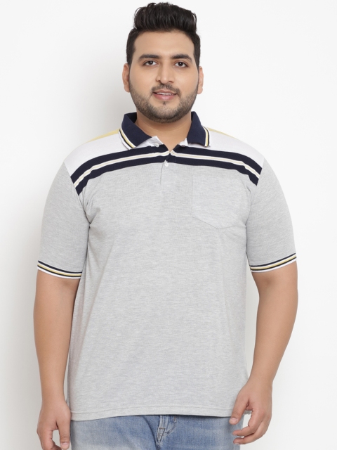 

John Pride Plus Size Men Grey Striped Polo Collar T-shirt