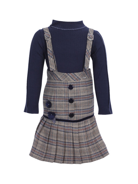 

CUTECUMBER Girls Navy Blue Checked Pinafore Dress With Top