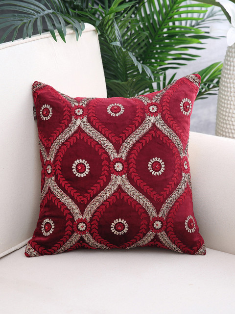 

Pure Home and Living Red & Gold-Coloured Embellished Square Cushion Cover