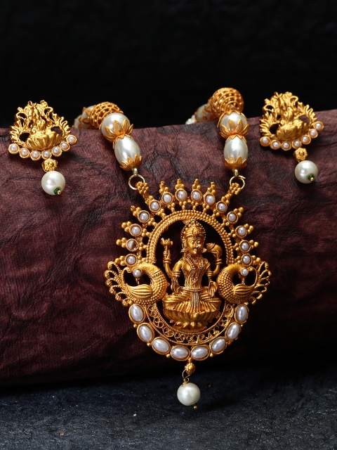 

ANIKAS CREATION Gold-Plated & White Pearl Beaded Maa Laxmi Temple Jewellery Set