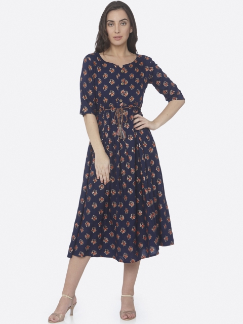 

RAISIN Women Blue Printed Fit and Flare Dress