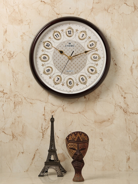 

ZANIBO White & Bronze-Toned Round Embellished Analogue Wall Clock