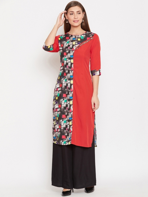 

AASK Women Red & Black Printed Calf-Length Straight Kurta