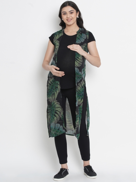 

Mine4Nine Women Black & Green Printed Maternity Longline Open Front Shrug