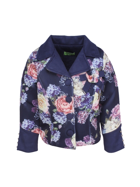 

CUTECUMBER Girls Navy Blue Floral Printed Pea Coat