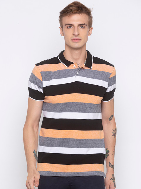 

Globus Men White & Grey Striped Slim Fit Polo Collar T-shirt