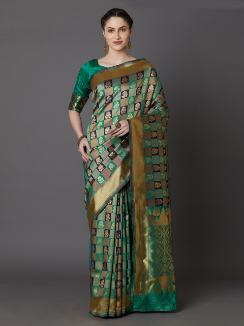 

Mitera Teal & Green Silk Blend Woven Design Banarasi Saree