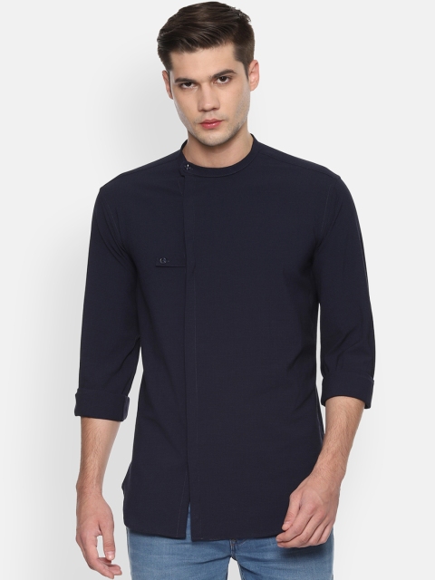 

V Dot Men Navy Blue Self Design Slim Fit Casual Shirt