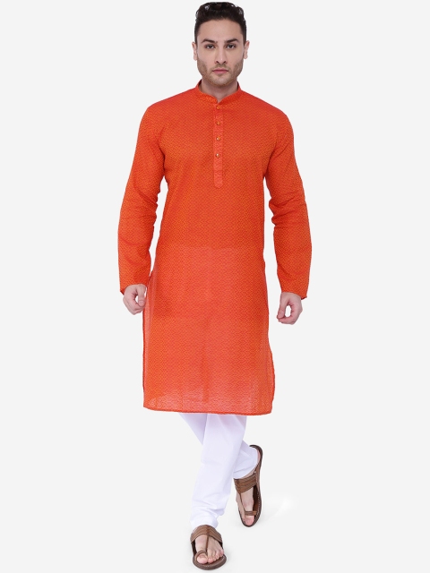 

RAJUBHAI HARGOVINDAS Men Orange Printed Handloom Straight Kurta