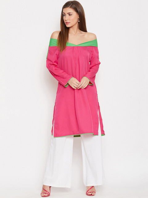 

AASK Women Pink & Green Solid Knee-Length Off-Shoulder Kurta