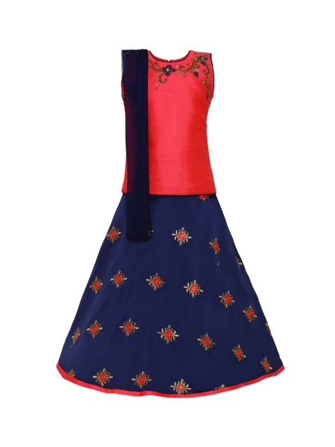 

Aarika Girls Red & Navy Blue Embroidered Made to Measure Lehenga & Ready to Wear Blouse with Dupatta