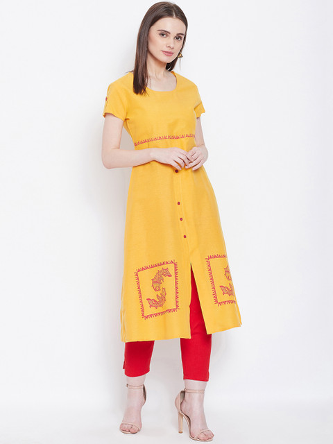 

AASK Women Yellow & Red Printed Calf-Length Pure Khadi Cotton Kurta