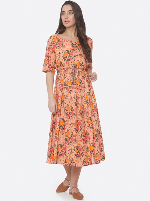 

RAISIN Women Peach-Coloured Printed Empire Dress