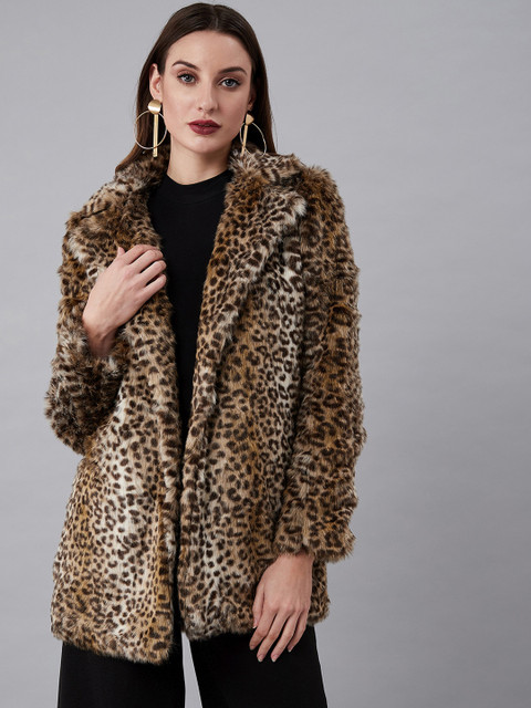 

Athena Women Brown & Beige Animal Print Hip-Length Faux Fur Overcoat
