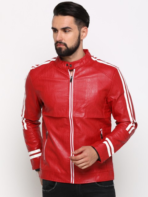 

SHOWOFF Men Red Striped Leather Jacket