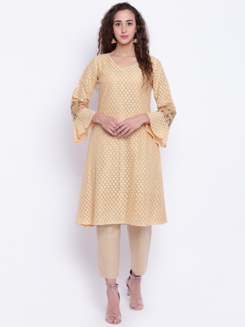 

Shakumbhari Women Beige Woven Design A-Line Kurta