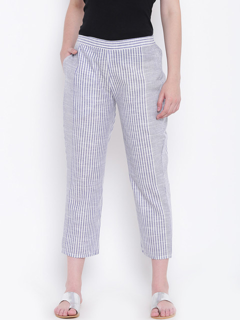 

Shakumbhari Women Blue & White Regular Fit Striped Regular Trousers