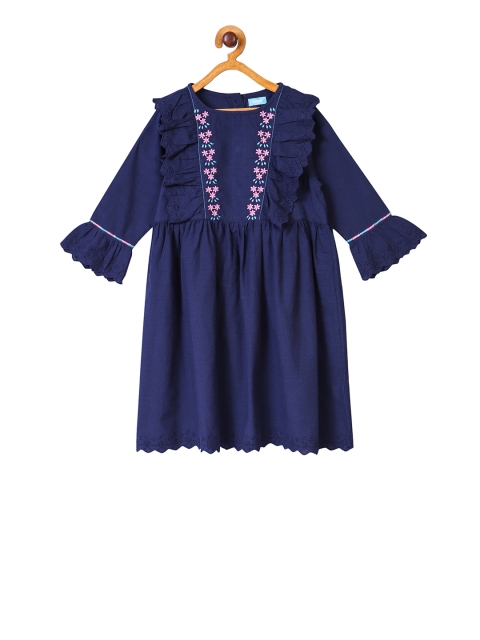 

Miyo Girls Navy Blue & Pink Embroidered Fit and Flare Dress