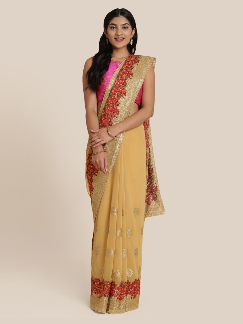 

Koskii Gold-Toned Embroidered Stonework Poly Georgette Saree