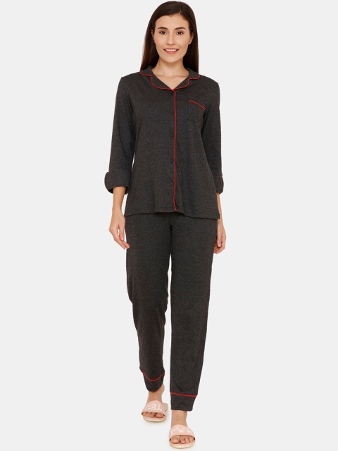 

Zivame Women Charcoal Black Solid Night suit ZI6906FASHAGREY