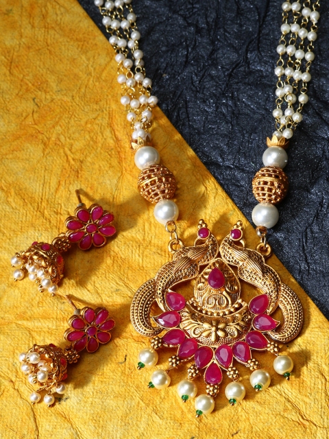 

ANIKAS CREATION Gold-Plated & Black Stone-Studded Pearl Beaded Peacock Shape Temple Jewellery Set