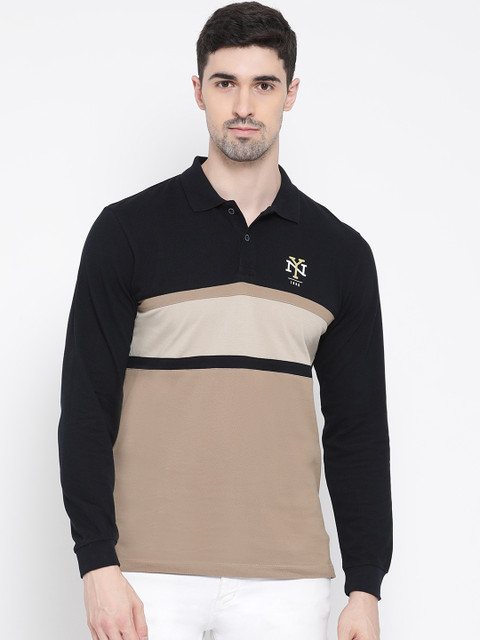 

METTLE Men Khaki & Black Colourblocked Polo Collar T-shirt