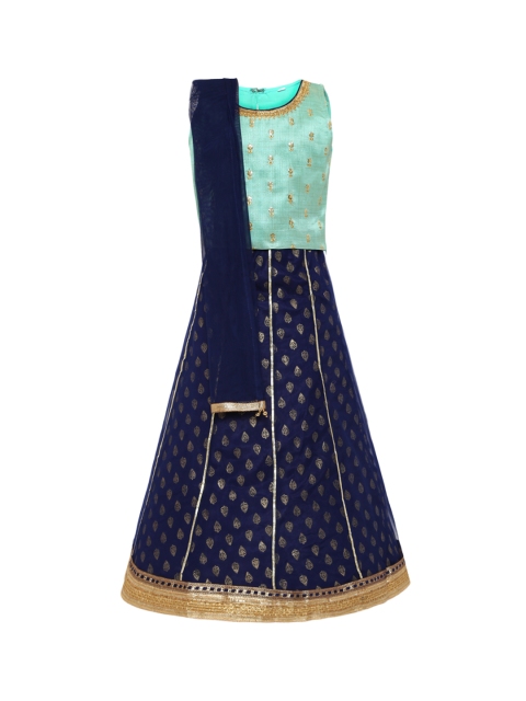 Aarika Girls Green & Navy Blue Embroidered Made to Measure Lehenga & Ready to Wear Blouse with Dupatta