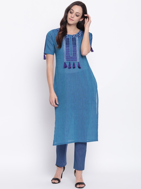 

Shakumbhari Women Blue Embroidered Straight Kurta