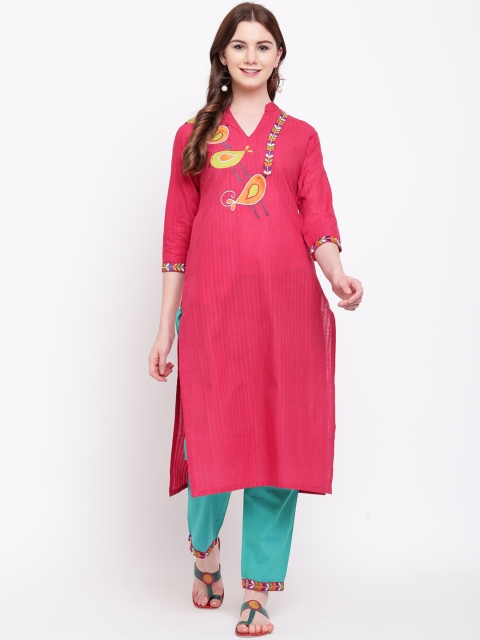 

Shakumbhari Women Pink & Green Embroidered Kurta with Trousers