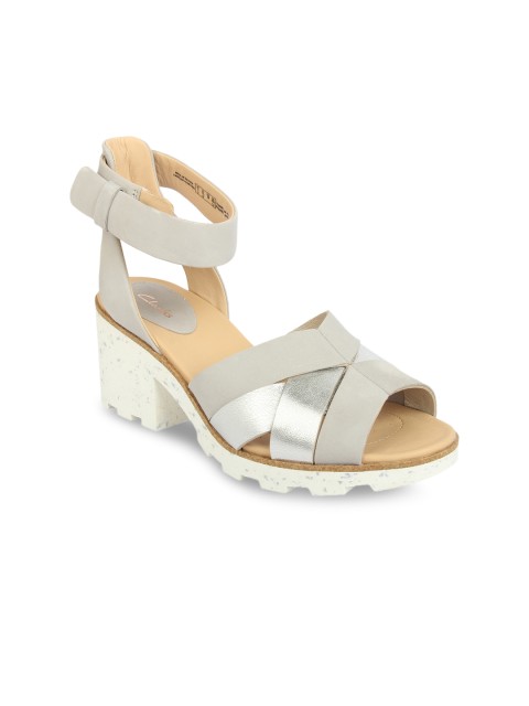

Clarks Women Silver-Toned & Beige Solid Leather Sandals