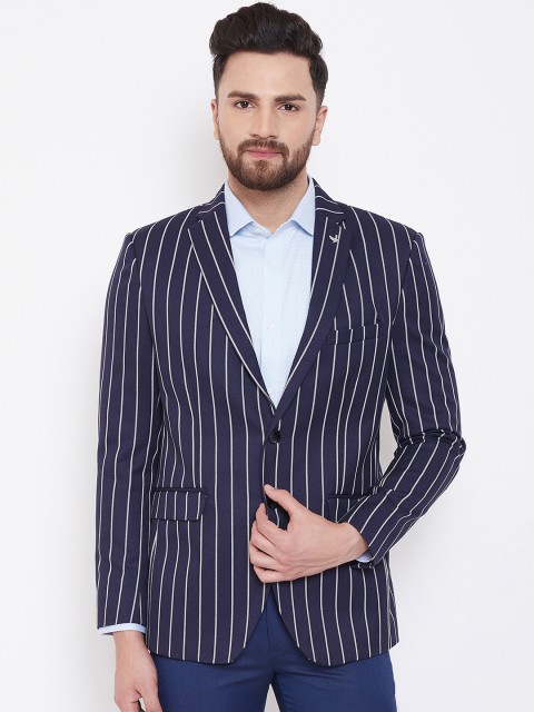 

Canary London Men Navy Blue & White Striped Single-Breasted Slim-Fit Blazer