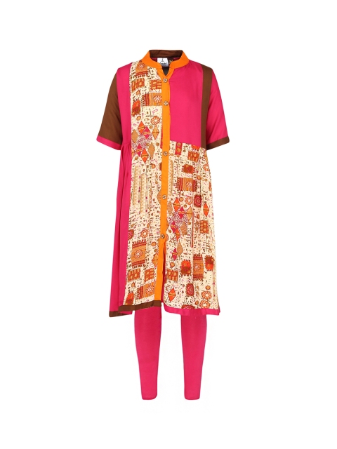 

Aarika Girls Pink & Beige Printed Kurta with Churidar