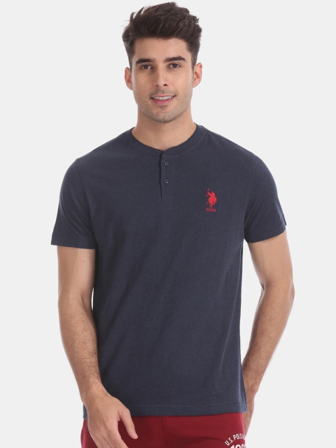 

U.S. Polo Assn. Men Navy Blue Solid Mandarin Collar Pure Cotton T-shirt