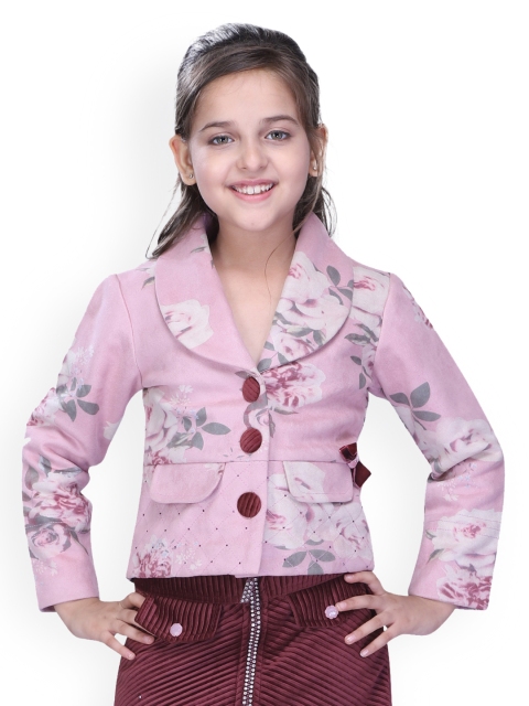 

CUTECUMBER Girls Pink & Grey Printed Single-Breasted Suede Peacoat