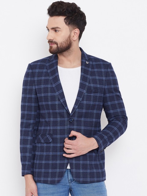 

Canary London Men Navy Blue Checked Single-Breasted Slim-Fit Blazer