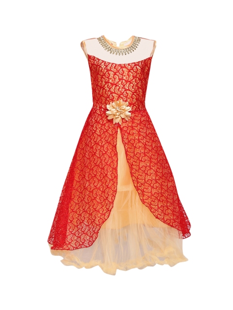 

Aarika Girls Red & Beige Self Design Layered Maxi Dress