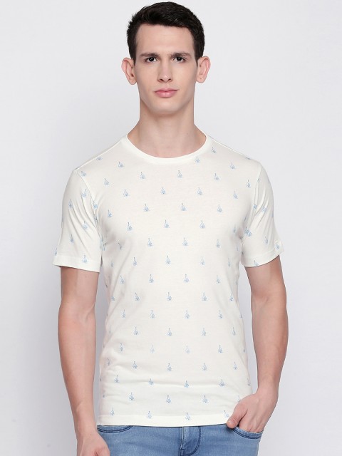 

Basics Men Off-White Printed Round Neck T-shirt