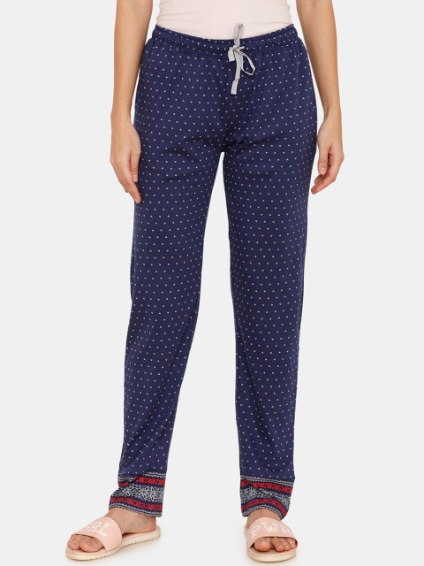 

Zivame Women Navy Blue & Off-White Printed Travelling Stitches Pure Cotton Lounge Pant