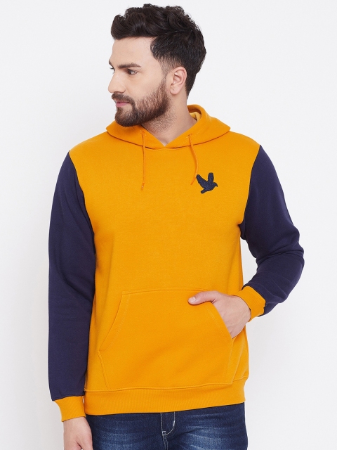 

Canary London Men Mustard Orange & Navy Blue Colourblocked Hooded Sweatshirt