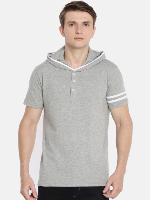 

BLISTON Men Grey Melange Solid Hood Slim-Fit T-shirt