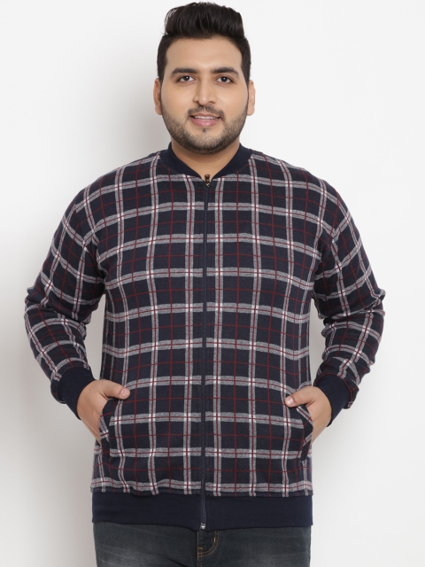 

John Pride Plus Size Men Blue Off-White Checked Front-Open Sweatshirt