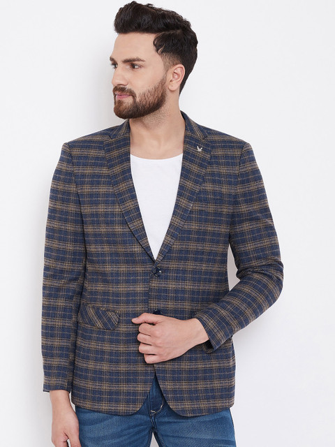 

Canary London Men Navy Blue & Grey Checked Single-Breasted Slim-Fit Blazer