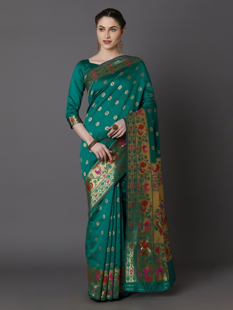 

Mitera Teal & Green Silk Blend Woven Design Banarasi Saree
