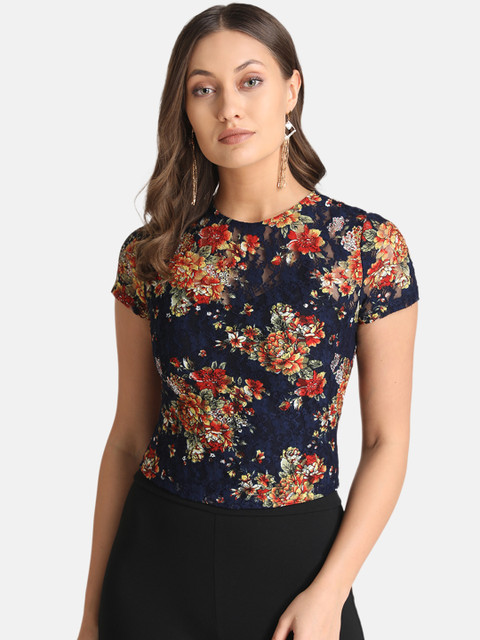 

Kazo Women Navy Blue Printed Lace Fitted Top
