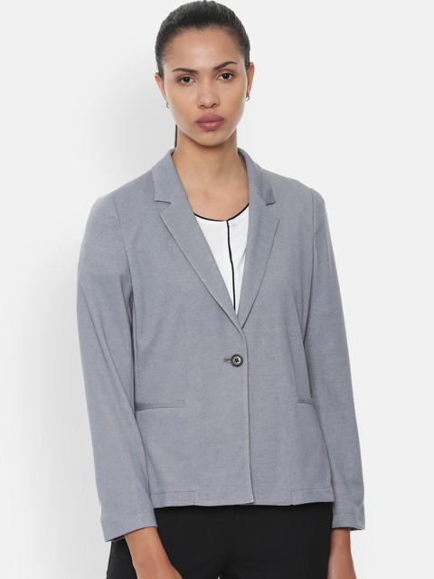 

Van Heusen Woman Grey Self-Design Single-Breasted Pure Cotton Blazer