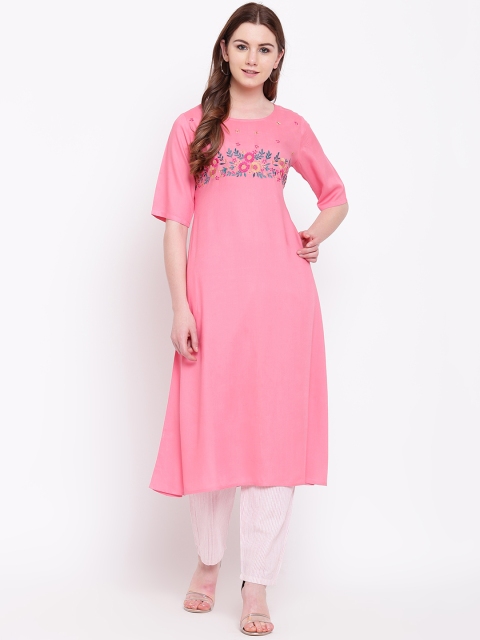 

Shakumbhari Women Pink Floral Embroidered A-Line Kurta