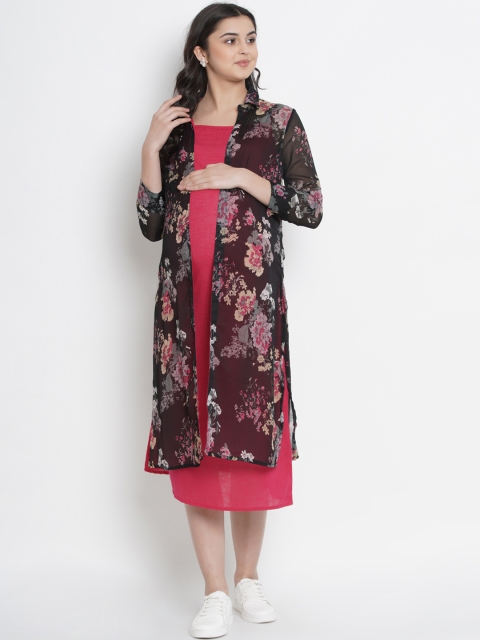 

Mine4Nine Women Black & Pink Printed Maternity Longline Open Front Shrug