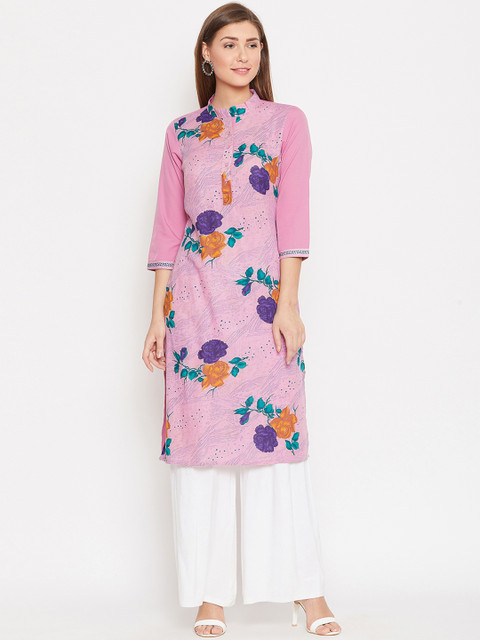 

AASK Women Pink & Orange Floral Printed Knee-Length Pure Cotton Kurta