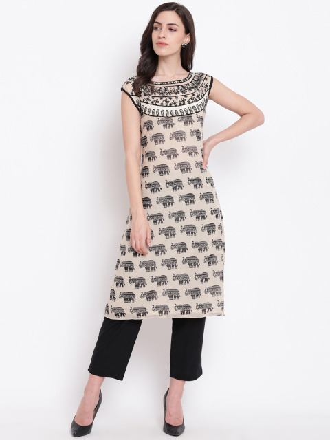 

Shakumbhari Women Beige & Black Printed Straight Kurta
