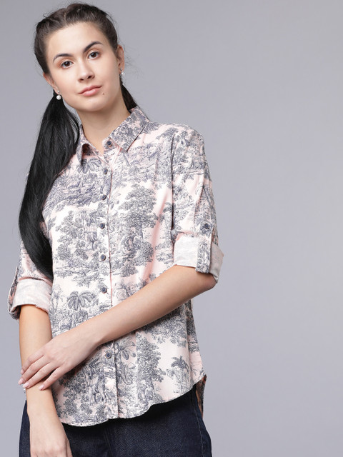 

Tokyo Talkies Women Beige & Navy Blue Regular Fit Printed Casual Shirt
